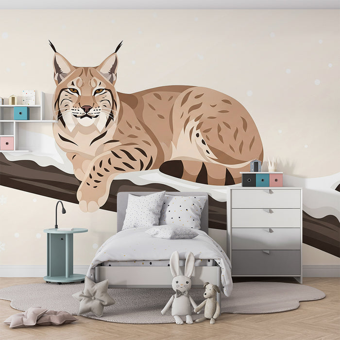 Papier peint chambre enfant | Lynx paisible sur une branche enneigée