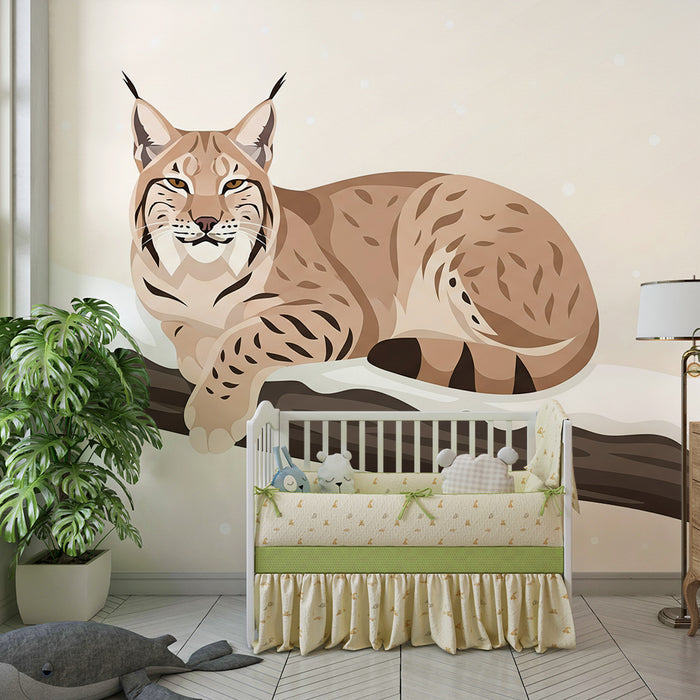 Papier peint chambre enfant | Lynx paisible sur une branche enneigée