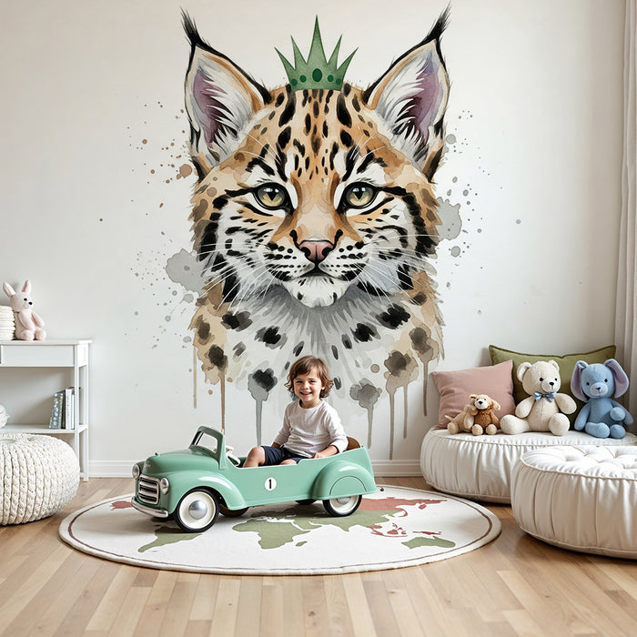 Papel pintado infantil | Lince real con corona y salpicaduras artísticas