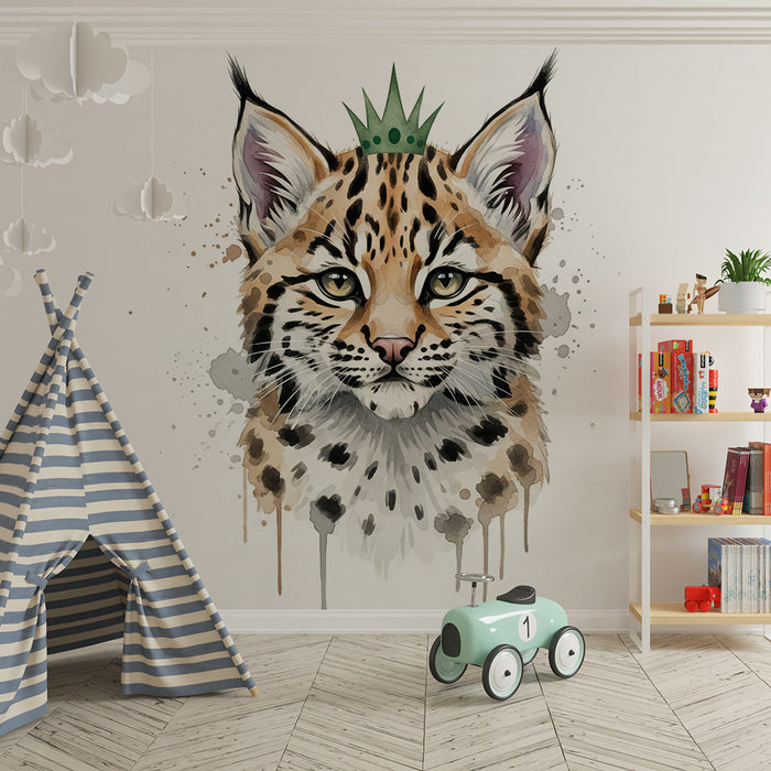 Papel pintado infantil | Lince real con corona y salpicaduras artísticas