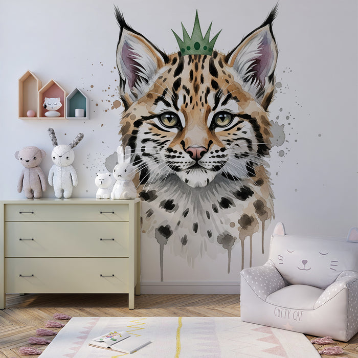 Papel pintado infantil | Lince real con corona y salpicaduras artísticas