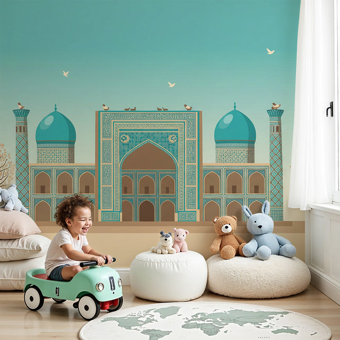 Kinderzimmer Tapete | Wunderschöne orientalische Architektur mit türkisen Kuppeln und stilisierten Bäumen