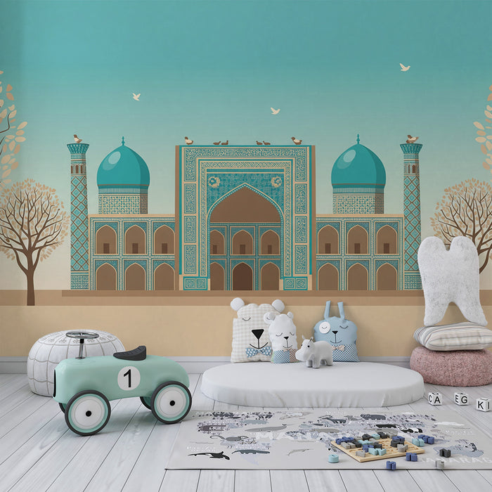 Kinderzimmer Tapete | Wunderschöne orientalische Architektur mit türkisen Kuppeln und stilisierten Bäumen