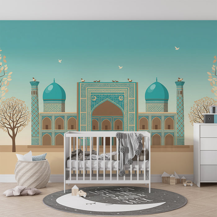 Kinderzimmer Tapete | Wunderschöne orientalische Architektur mit türkisen Kuppeln und stilisierten Bäumen