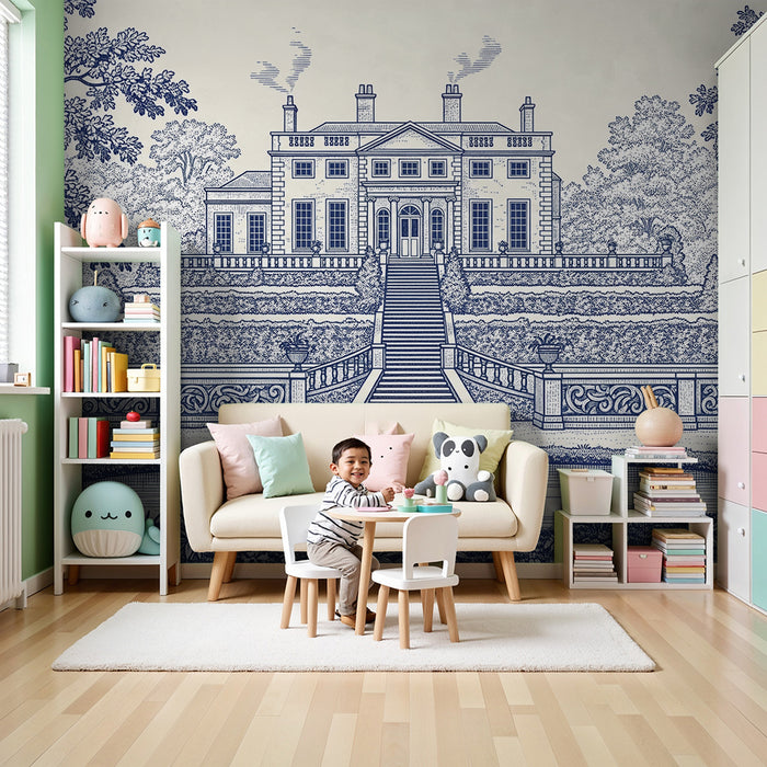Papel de parede para quarto infantil | Magnífica mansão rodeada por jardins luxuriantes