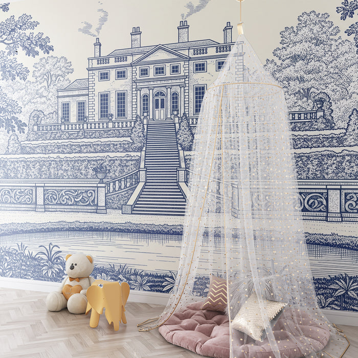 Papel de parede para quarto infantil | Magnífica mansão rodeada por jardins luxuriantes