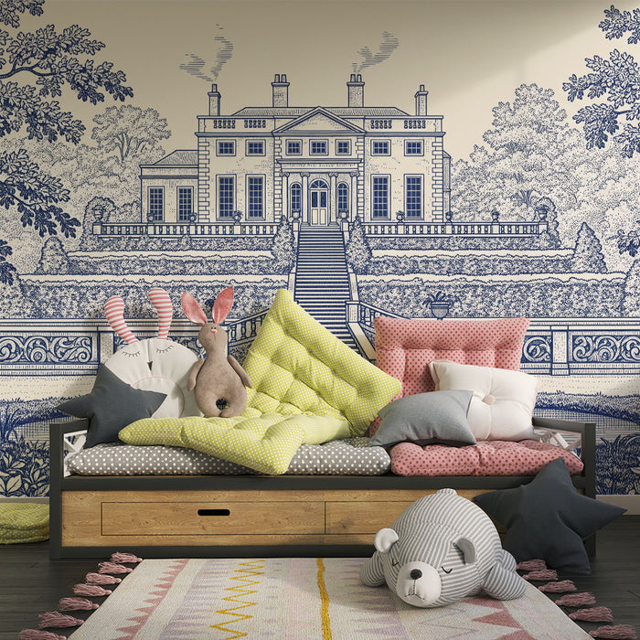 Papel de parede para quarto infantil | Magnífica mansão rodeada por jardins luxuriantes