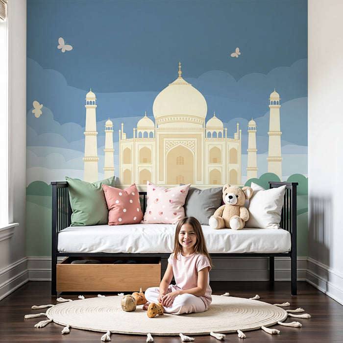 Kinderzimmer-Tapete | Wunderschöne Taj Mahal inspirierte Landschaft mit Blumen und Schmetterlingen