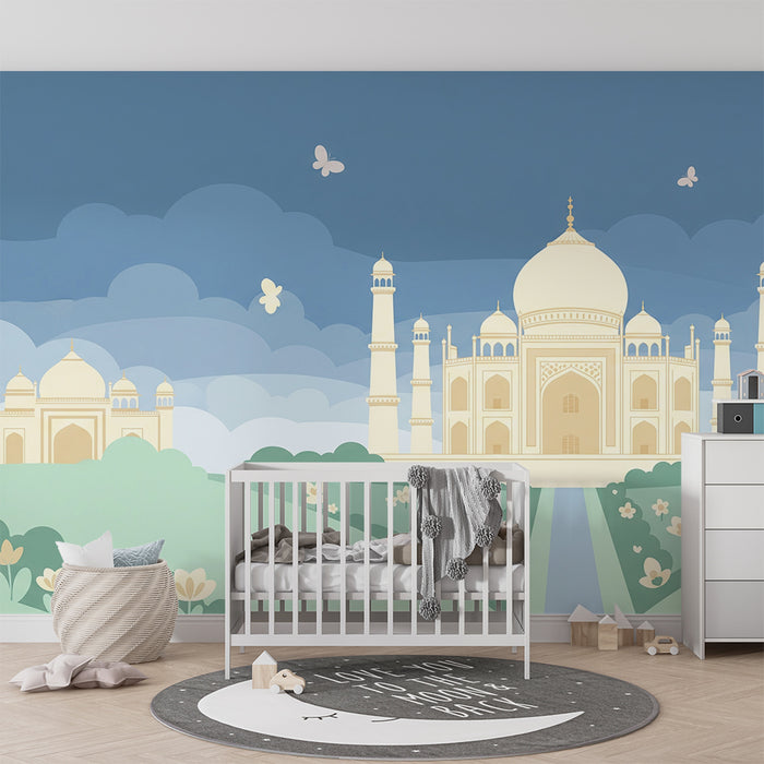 Kinderzimmer-Tapete | Wunderschöne Taj Mahal inspirierte Landschaft mit Blumen und Schmetterlingen