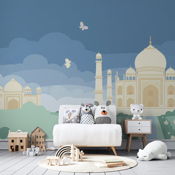 Kinderzimmer-Tapete | Wunderschöne Taj Mahal inspirierte Landschaft mit Blumen und Schmetterlingen