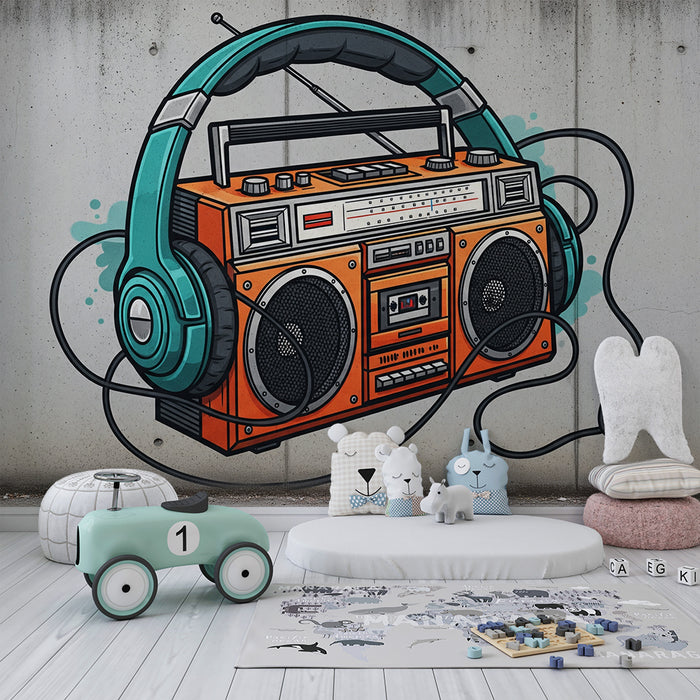 Børneværelses-tapet | Smuk retro radio med farverige hovedtelefoner