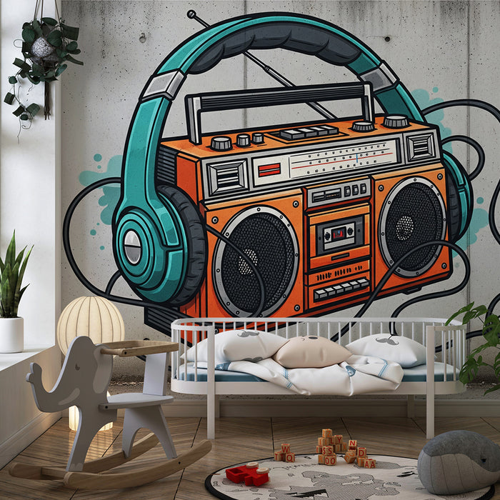 Børneværelses-tapet | Smuk retro radio med farverige hovedtelefoner