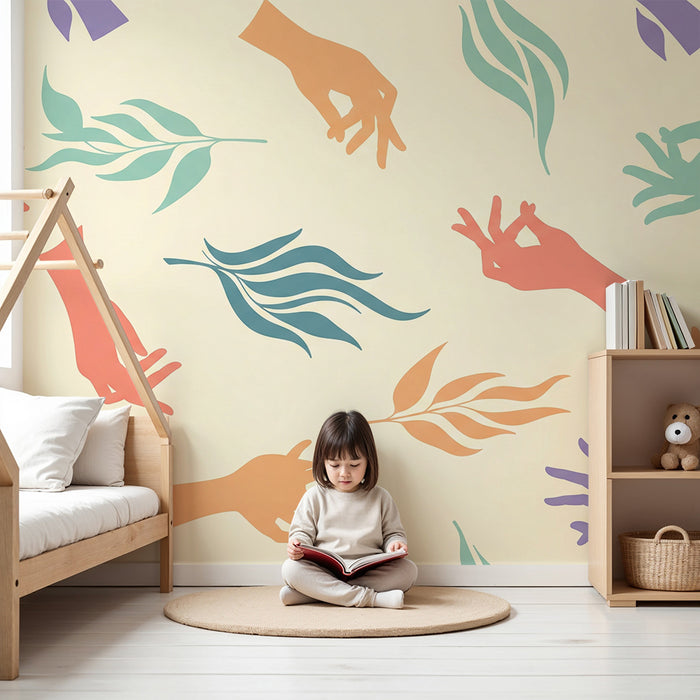 Papel de parede para quarto de criança | Mãos coloridas e folhagem estilizada sobre fundo suave