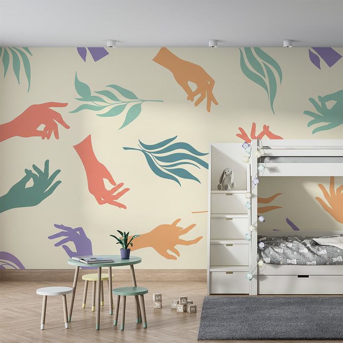 Papel de parede para quarto de criança | Mãos coloridas e folhagem estilizada sobre fundo suave