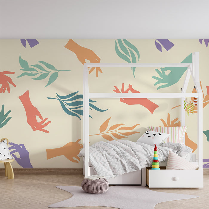 Papel de parede para quarto de criança | Mãos coloridas e folhagem estilizada sobre fundo suave