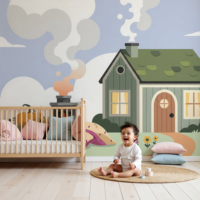 Papel de parede para quarto de criança | Casa acolhedora com jardim e legumes coloridos