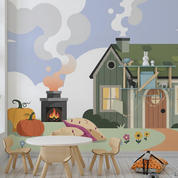 Papel de parede para quarto de criança | Casa acolhedora com jardim e legumes coloridos