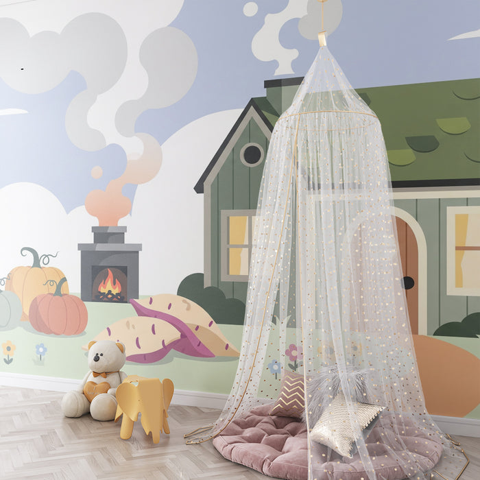 Papel de parede para quarto de criança | Casa acolhedora com jardim e legumes coloridos