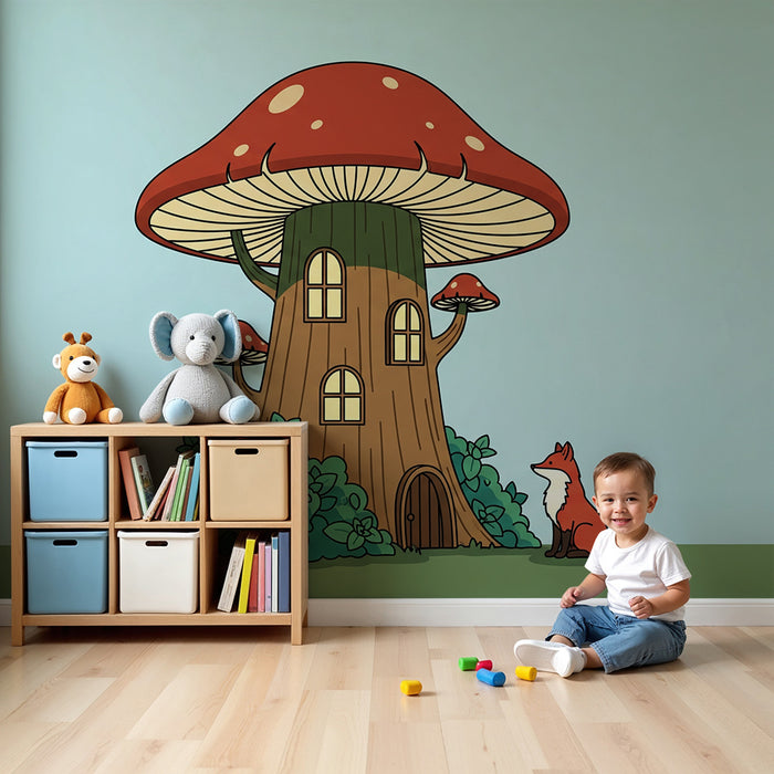 Papel pintado infantil | Casa de setas encantada con zorro