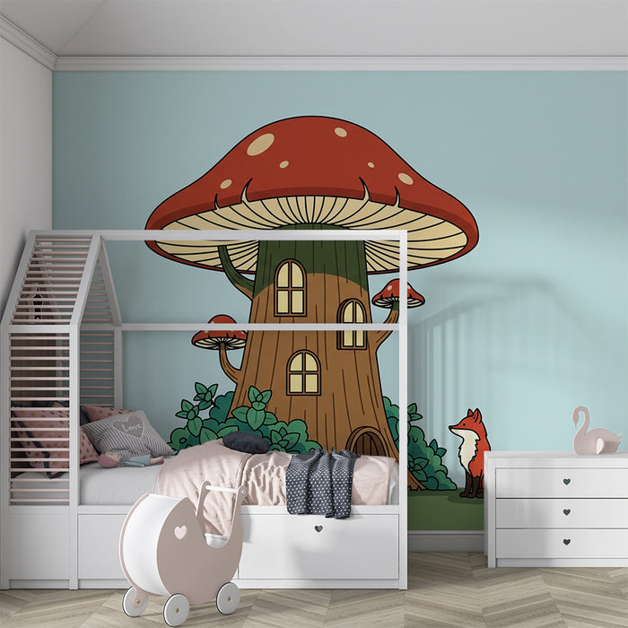 Papel pintado infantil | Casa de setas encantada con zorro