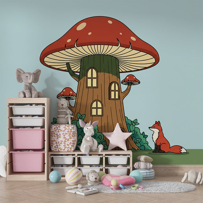 Papel pintado infantil | Casa de setas encantada con zorro