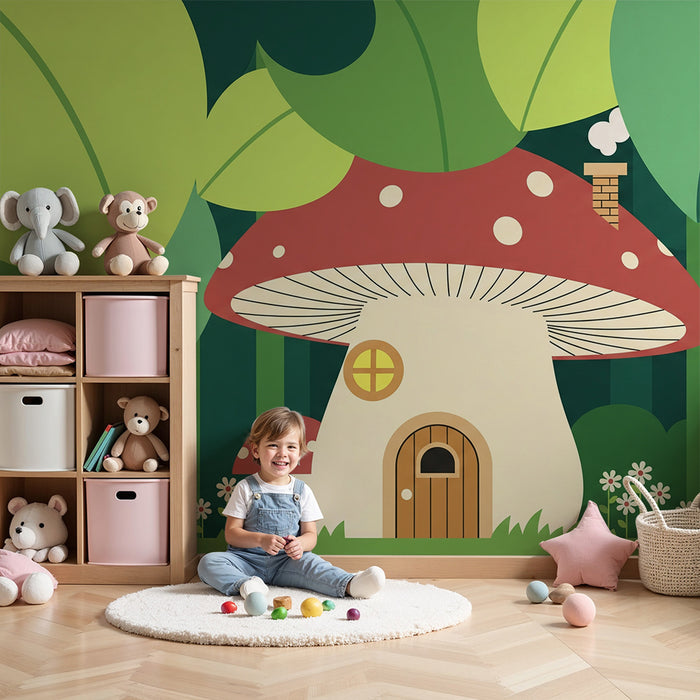 Papel pintado infantil | Casa de seta rodeada de hojas frondosas