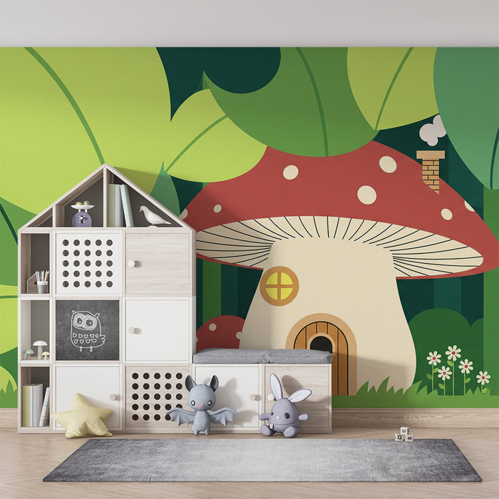 Papel pintado infantil | Casa de seta rodeada de hojas frondosas
