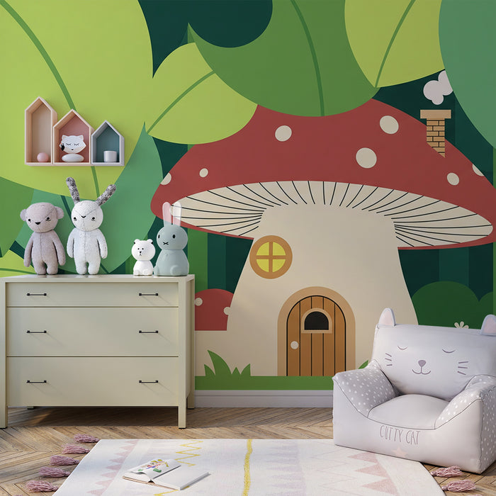 Papel pintado infantil | Casa de seta rodeada de hojas frondosas