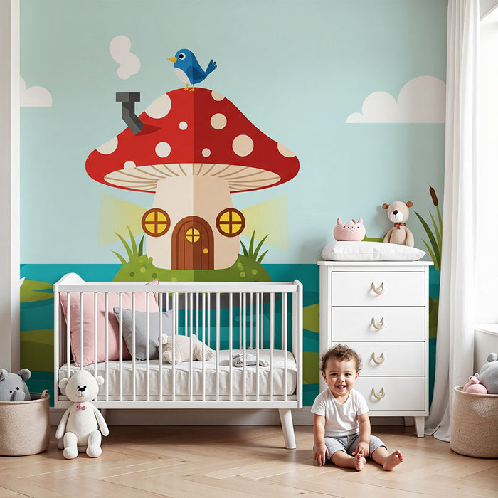 Kids' Room Wallpaper | Mushroom House and Frog in an Enchanted Pond