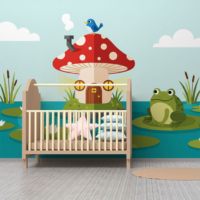 Kids' Room Wallpaper | Mushroom House and Frog in an Enchanted Pond