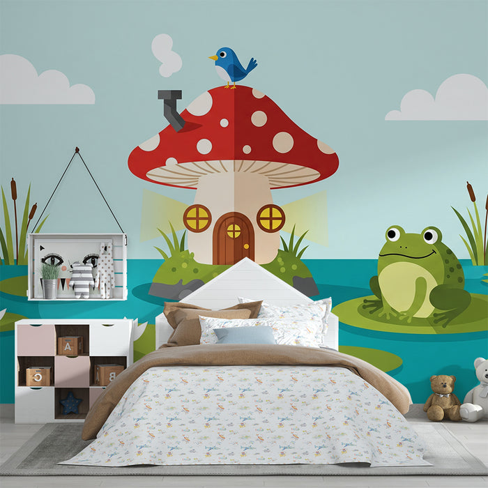 Kids' Room Wallpaper | Mushroom House and Frog in an Enchanted Pond