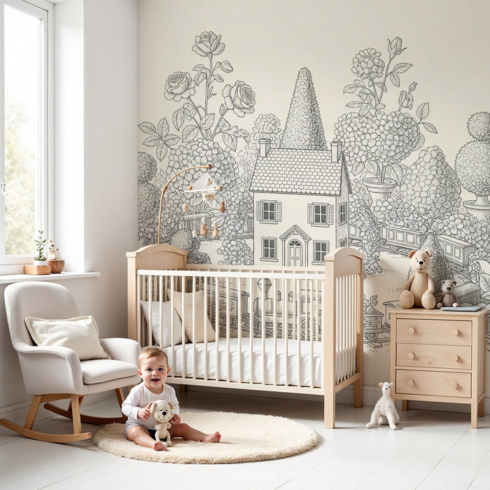Papel de parede para quarto infantil | Casa encantadora rodeada de flores e buxo com um comboio