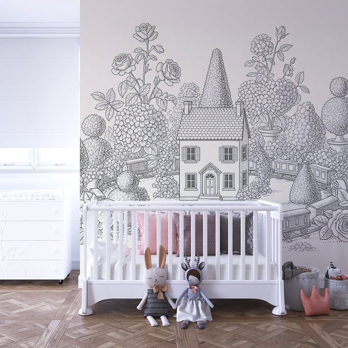 Papel de parede para quarto infantil | Casa encantadora rodeada de flores e buxo com um comboio