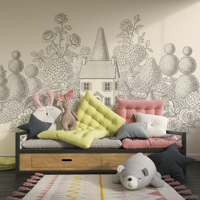 Papel de parede para quarto infantil | Casa encantadora rodeada de flores e buxo com um comboio