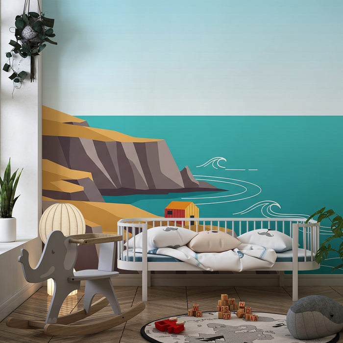 Barnrumspapper | Färgglad strandvilla med stiliserade vågor