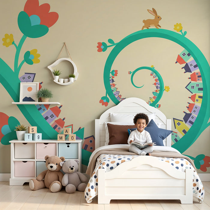 Lastenhuoneen tapetti | Värikäs talo ja kani kukkavarren kierteessä