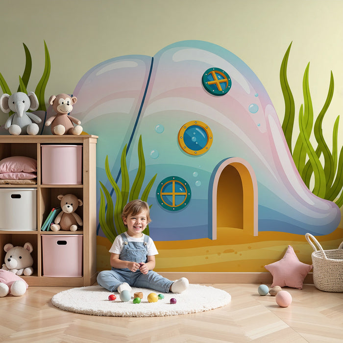 Papel de parede infantil | Quarto com decoração marinha colorida e conchas