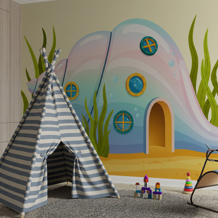 Papel de parede infantil | Quarto com decoração marinha colorida e conchas