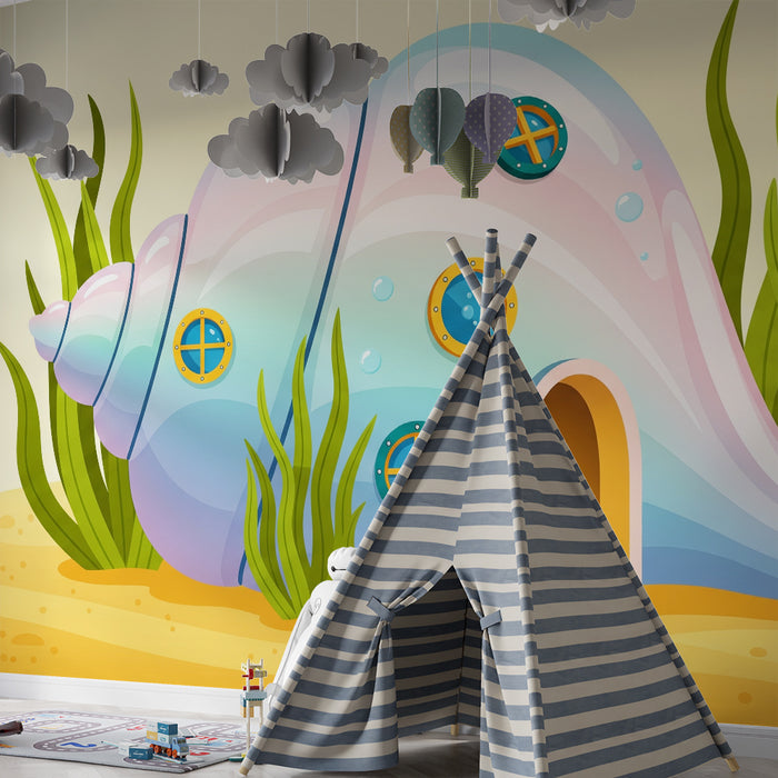 Papel de parede infantil | Quarto com decoração marinha colorida e conchas