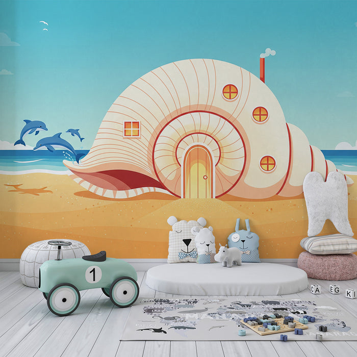 Carta da parati per cameretta | Casa conchiglia sulla spiaggia con delfini