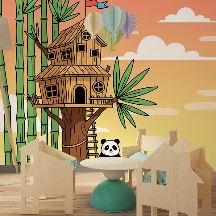 Barnrumspapper | Trädhus med panda och bambu