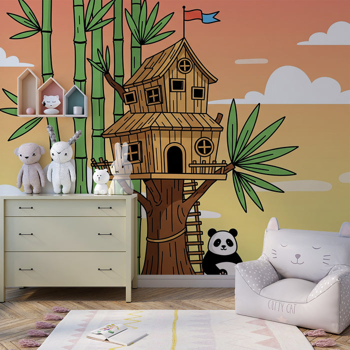 Barnrumspapper | Trädhus med panda och bambu