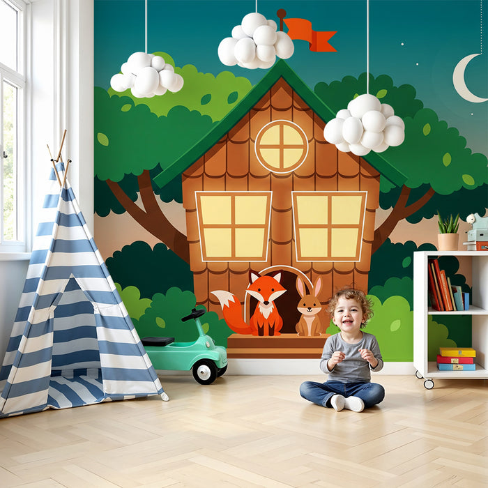 Behang kinderkamer | Boomhut met vos en konijn