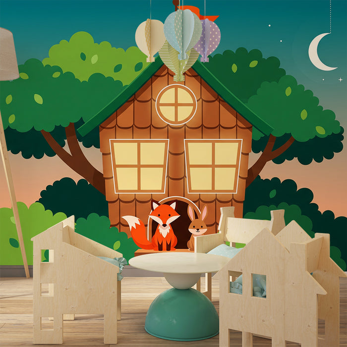 Behang kinderkamer | Boomhut met vos en konijn