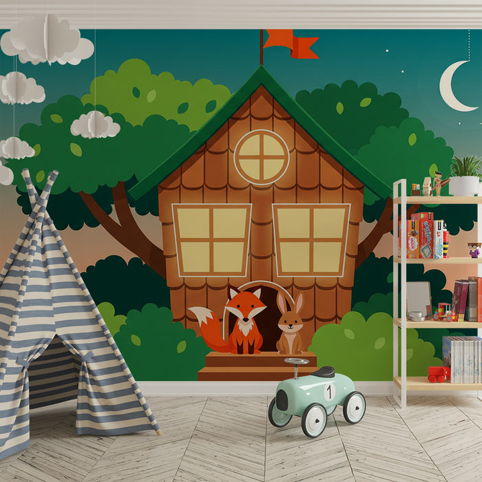 Behang kinderkamer | Boomhut met vos en konijn
