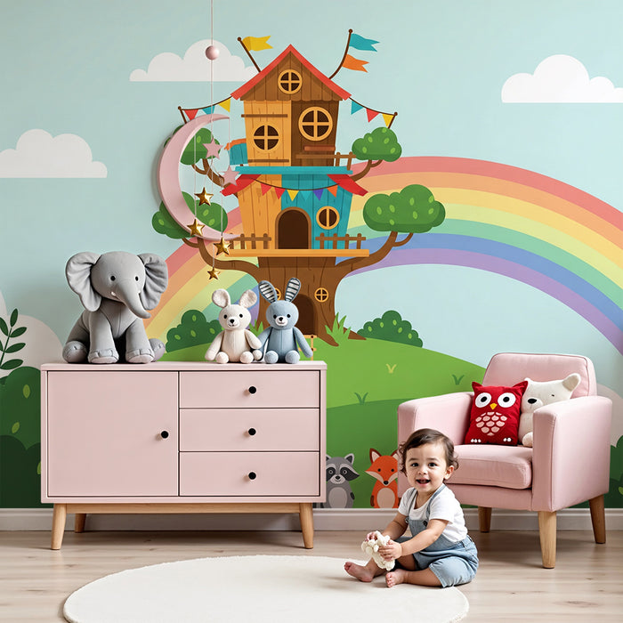 Behang kinderkamer | Boomhut met regenboog en schattige dieren