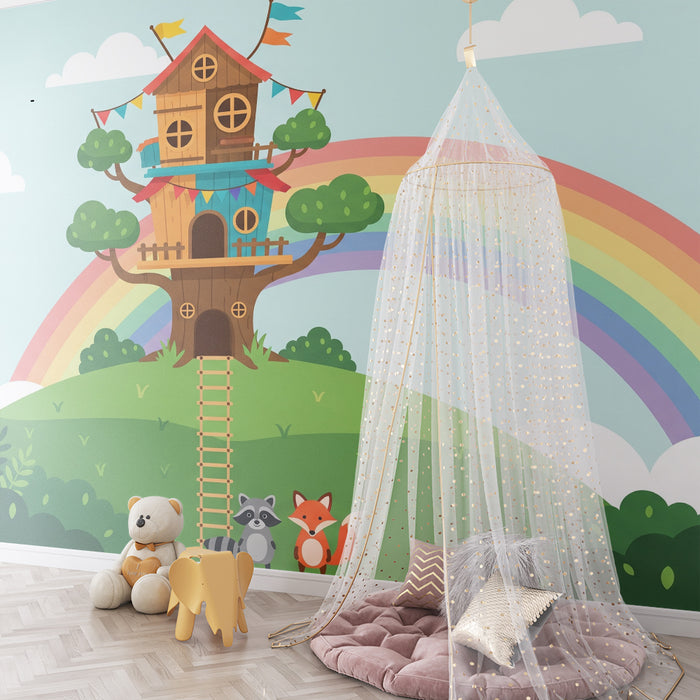 Behang kinderkamer | Boomhut met regenboog en schattige dieren