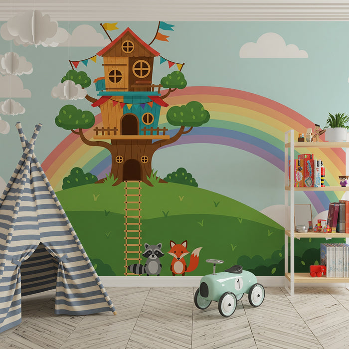 Behang kinderkamer | Boomhut met regenboog en schattige dieren