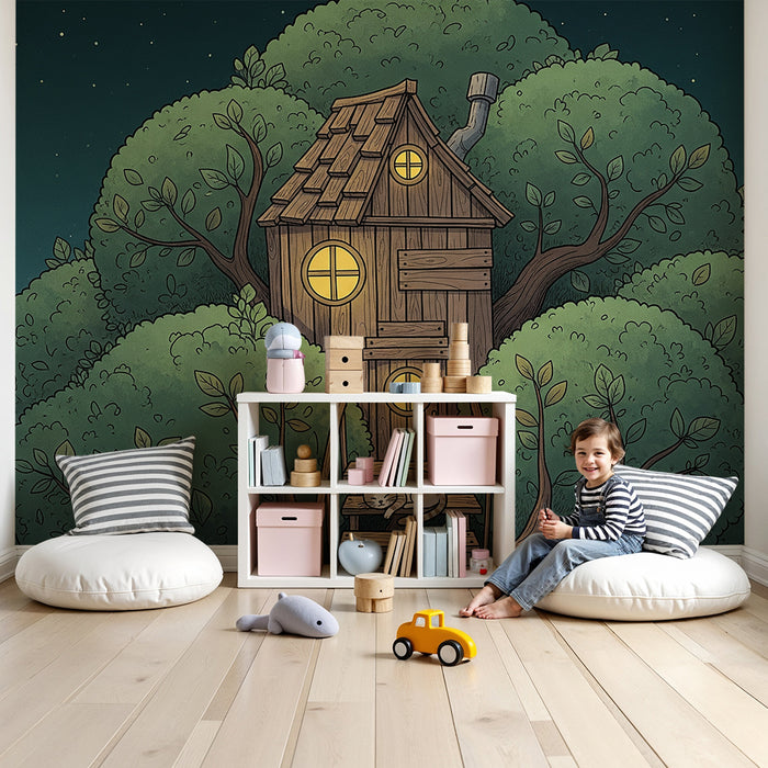 Kids' Room Wallpaper | Treehouse with a Sleeping Cat