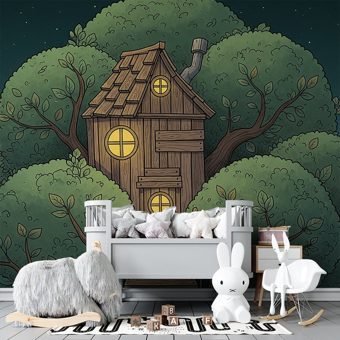 Kids' Room Wallpaper | Treehouse with a Sleeping Cat